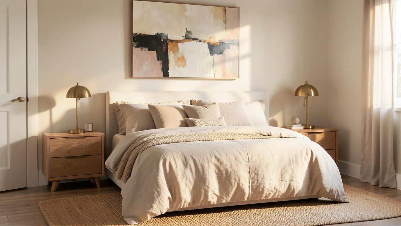 Chambre moderne avec tableau abstrait au-dessus du lit