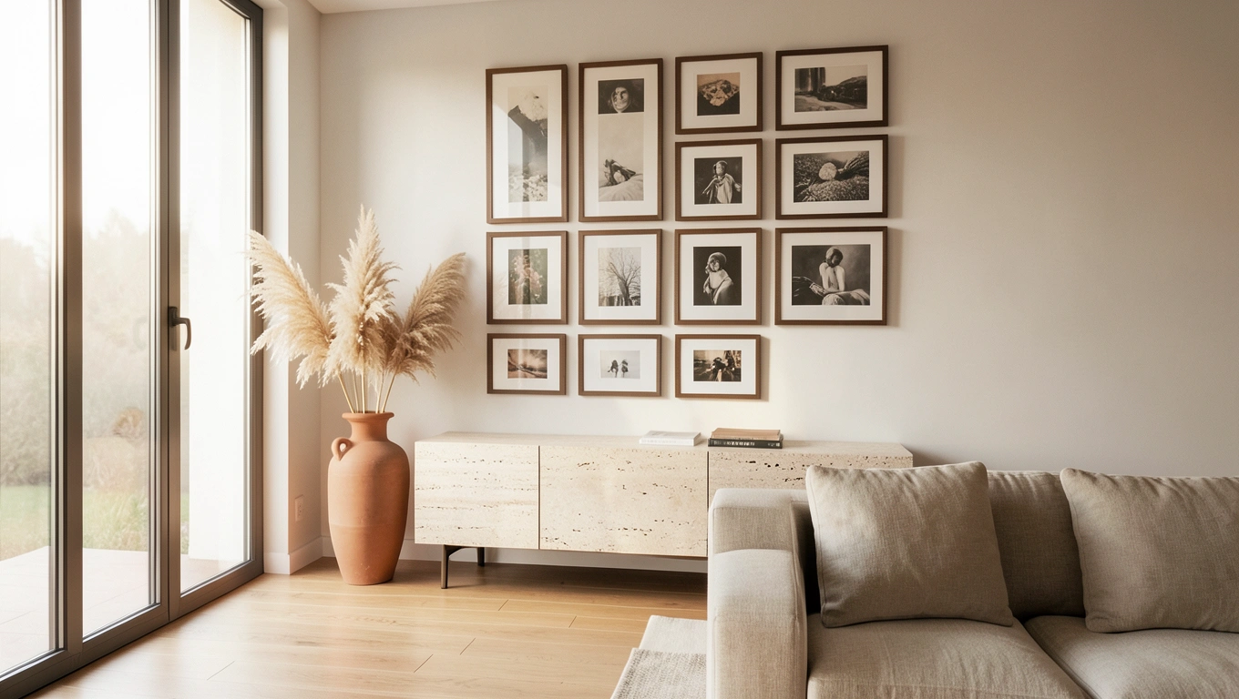 Salon contemporain avec un mur de tableaux d'art