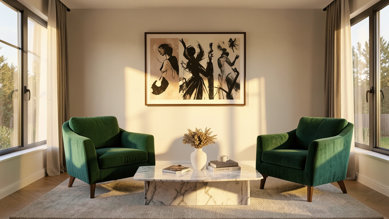Salon avec triptyque d'art